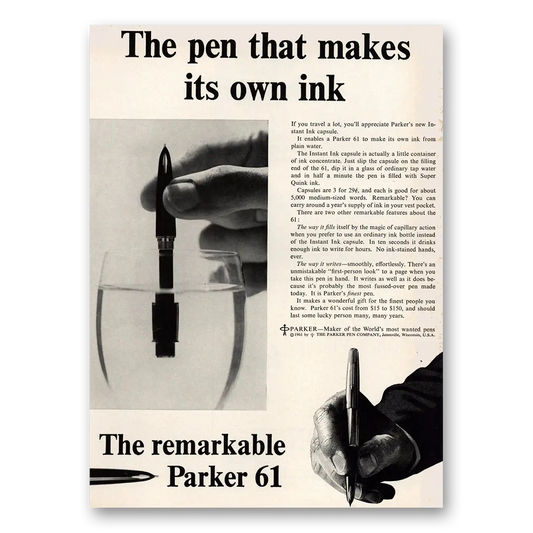 1961 Parker 61 Pen Makes Its Own Ink Vintage Magazine Print Ad