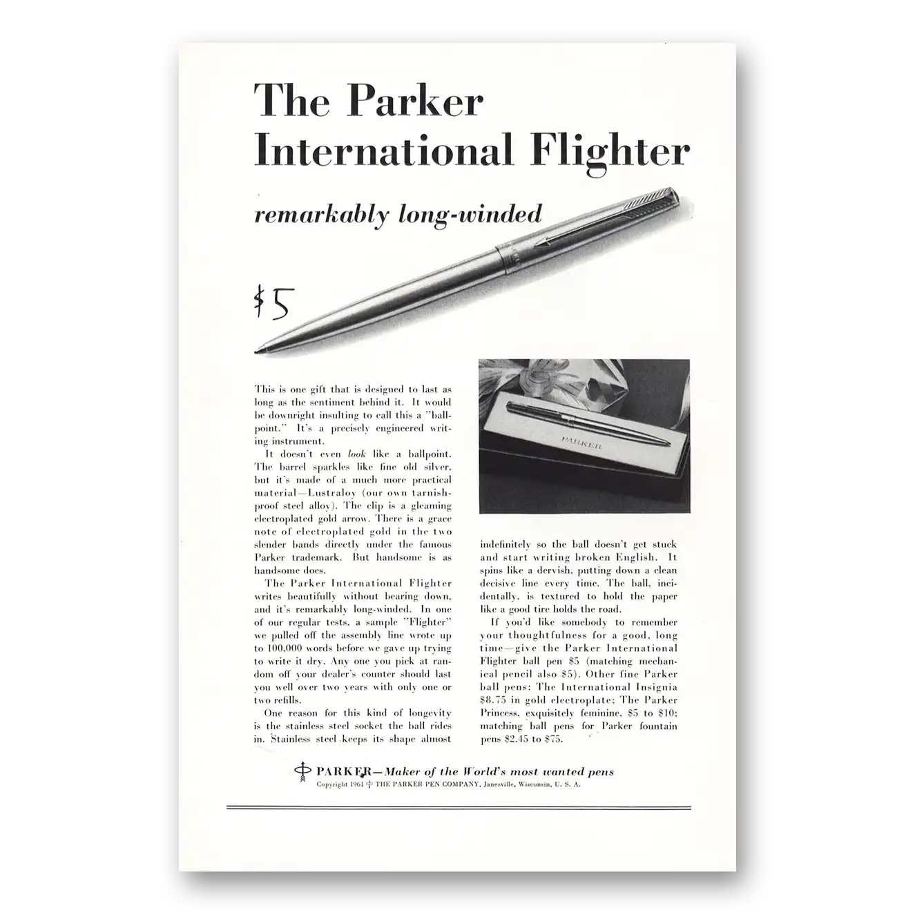 1961 Parker International Flighter Pen International Fighter Vintage Magazine Print Ad