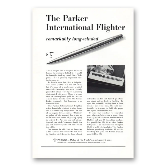 1961 Parker International Flighter Pen International Fighter Vintage Magazine Print Ad