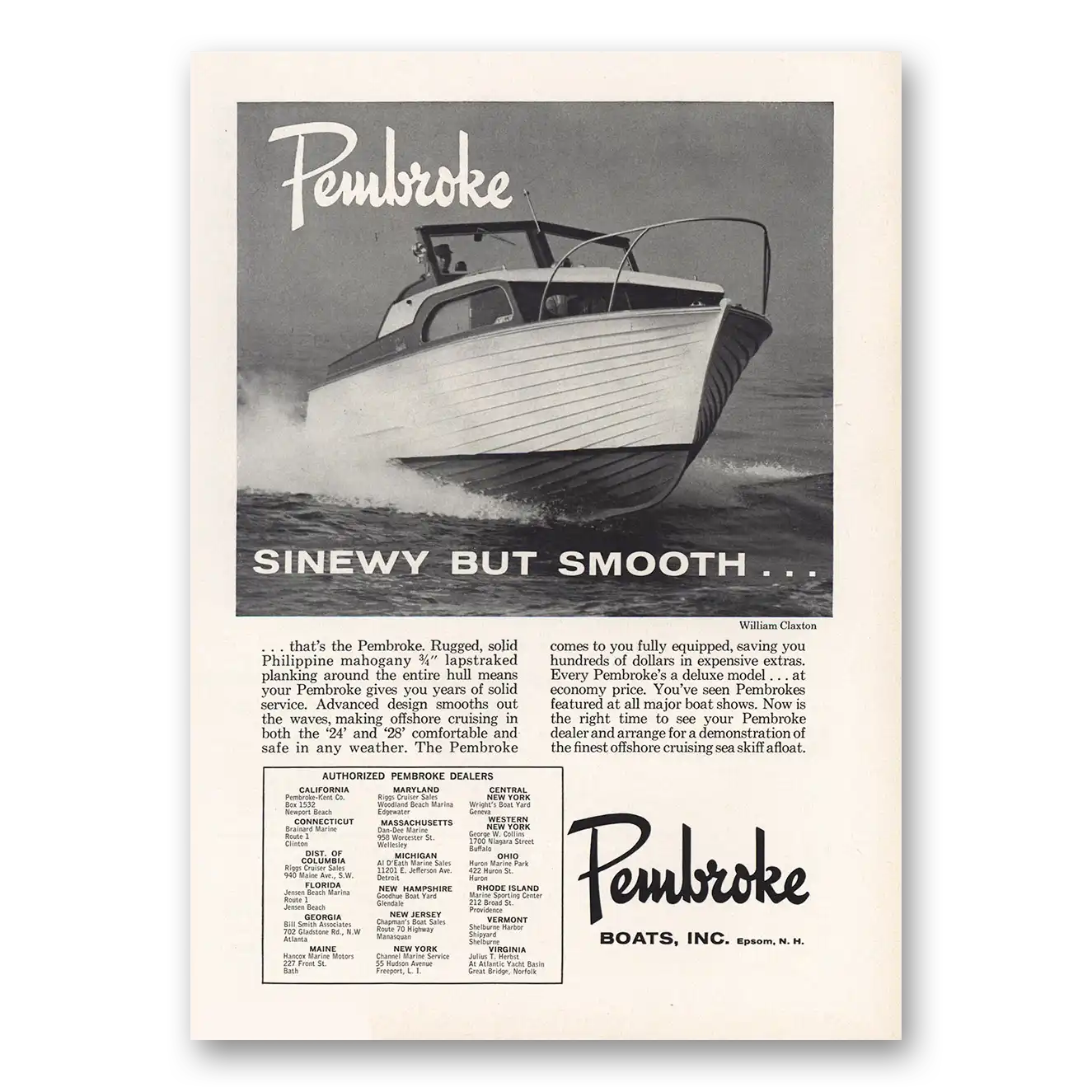 1961 Pembroke Boats Sinewy But Smooth Vintage Magazine Print Ad