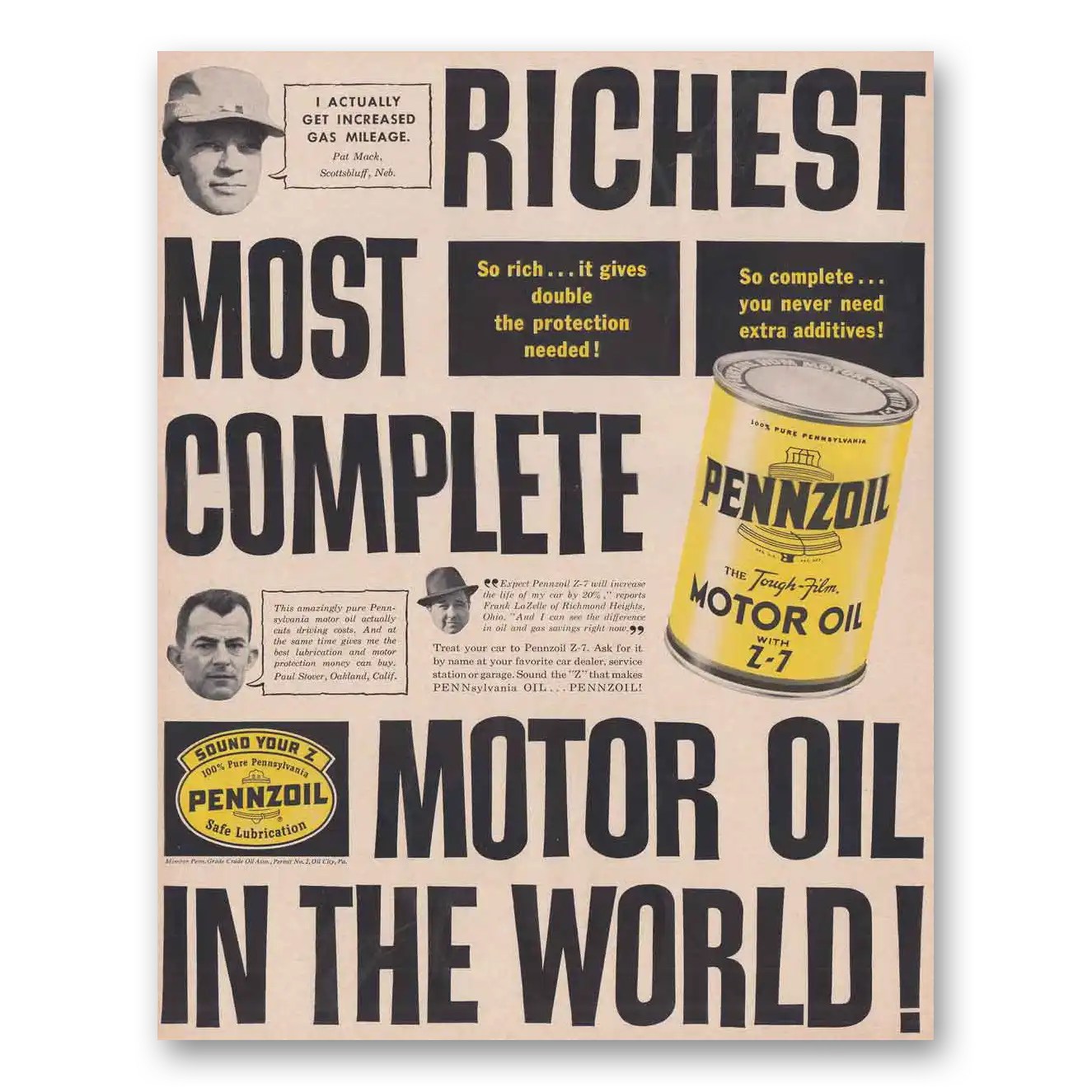 1961 Pennzoil Richest Most Complete Vintage Magazine Print Ad