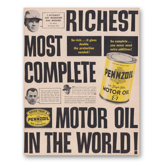 1961 Pennzoil Richest Most Complete Vintage Magazine Print Ad