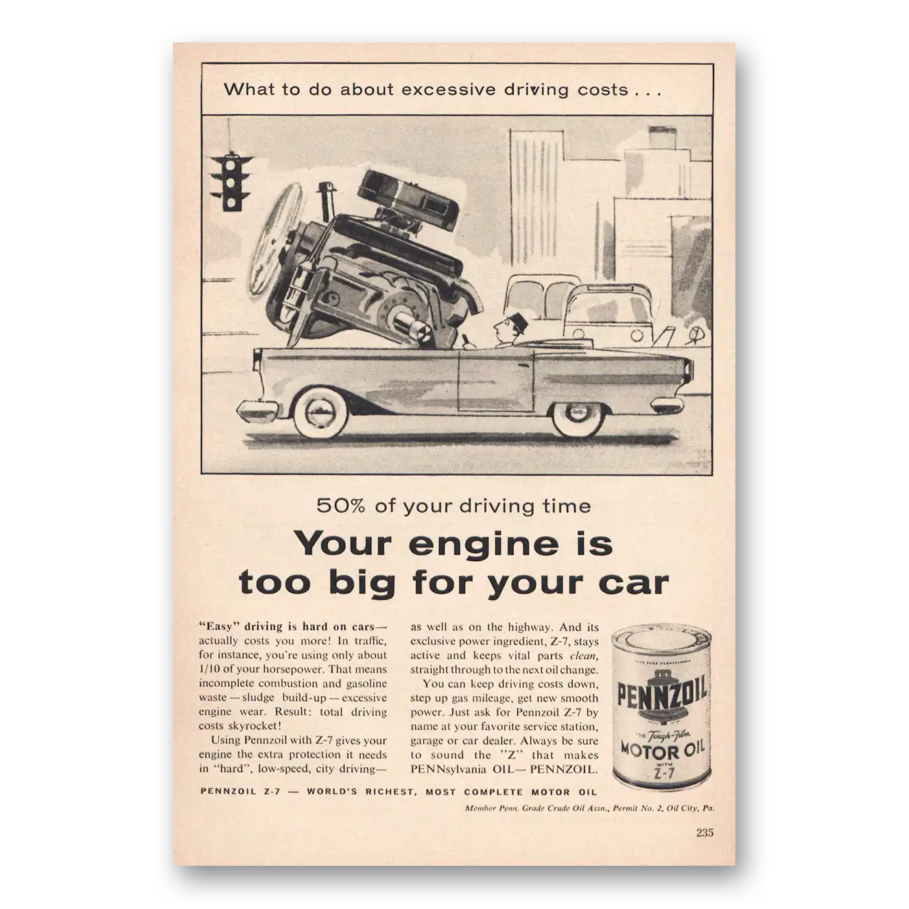 1961 Pennzoil Engine Too Big Your Car Vintage Magazine Print Ad