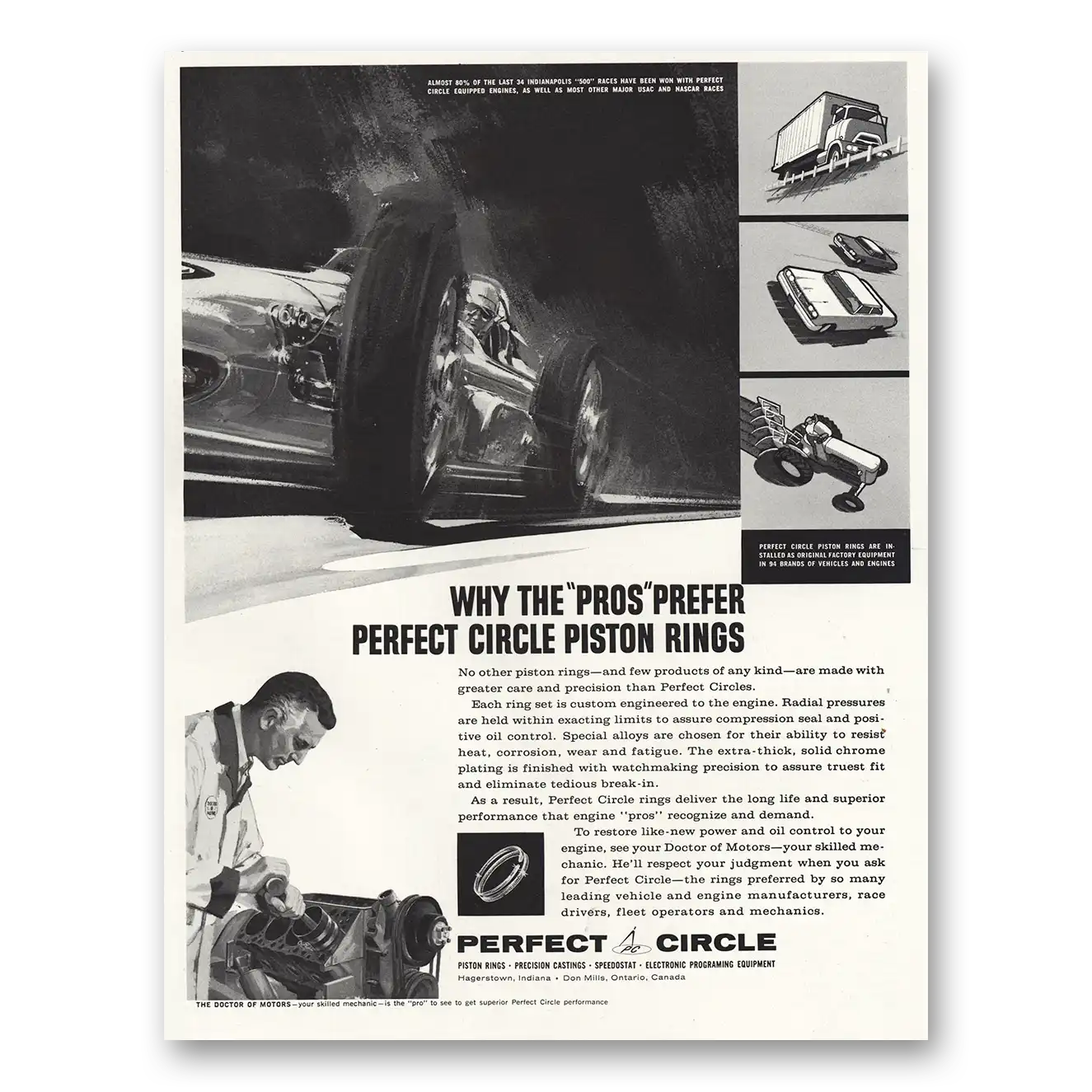 1961 Perfect Circle Pros Prefer Piston Rings Vintage Magazine Print Ad