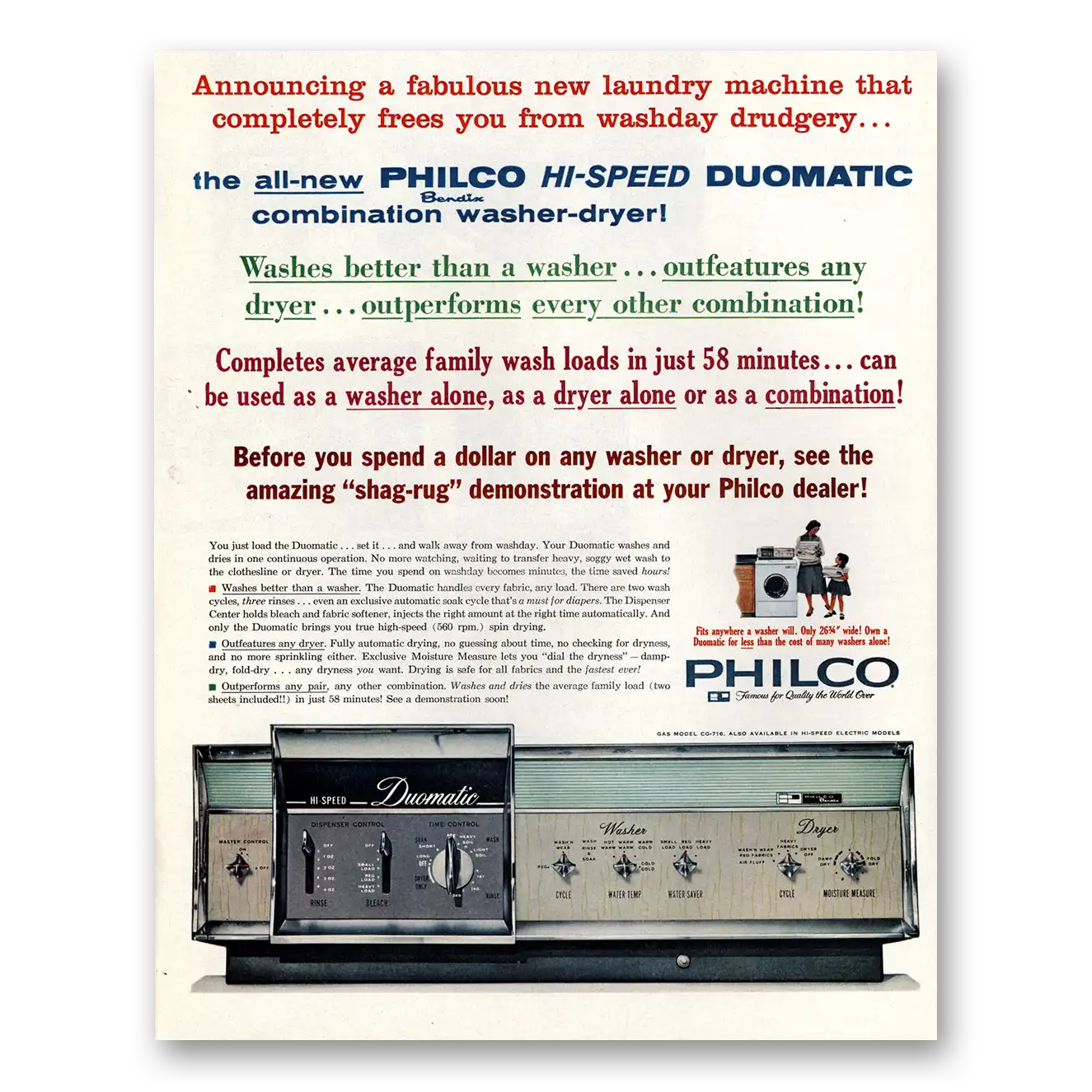 1961 Philco Washer Dryer Hi Speed Duomatic Washer Dryer Vintage Magazine Print Ad