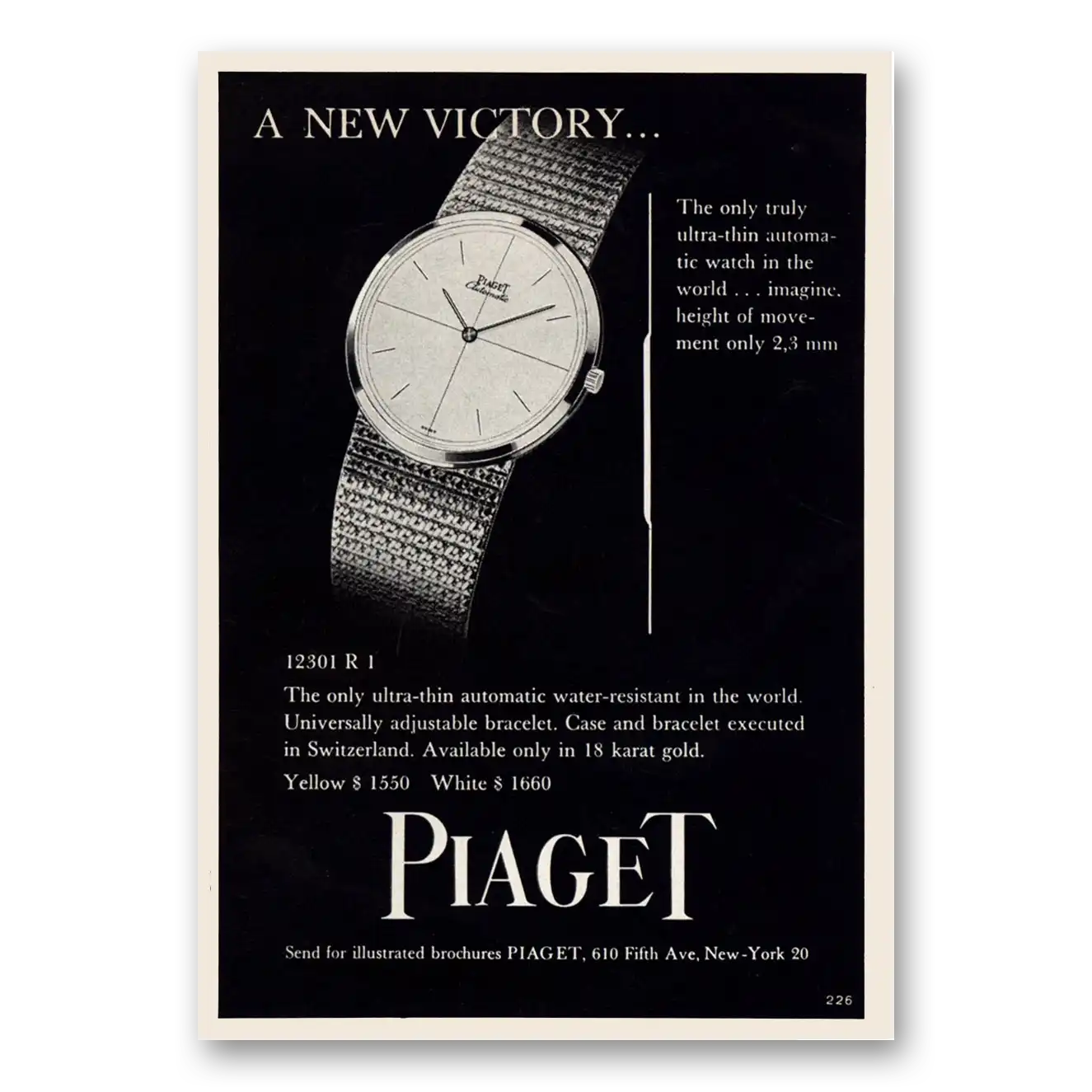 1961 Piaget Watches New Victory Vintage Magazine Print Ad