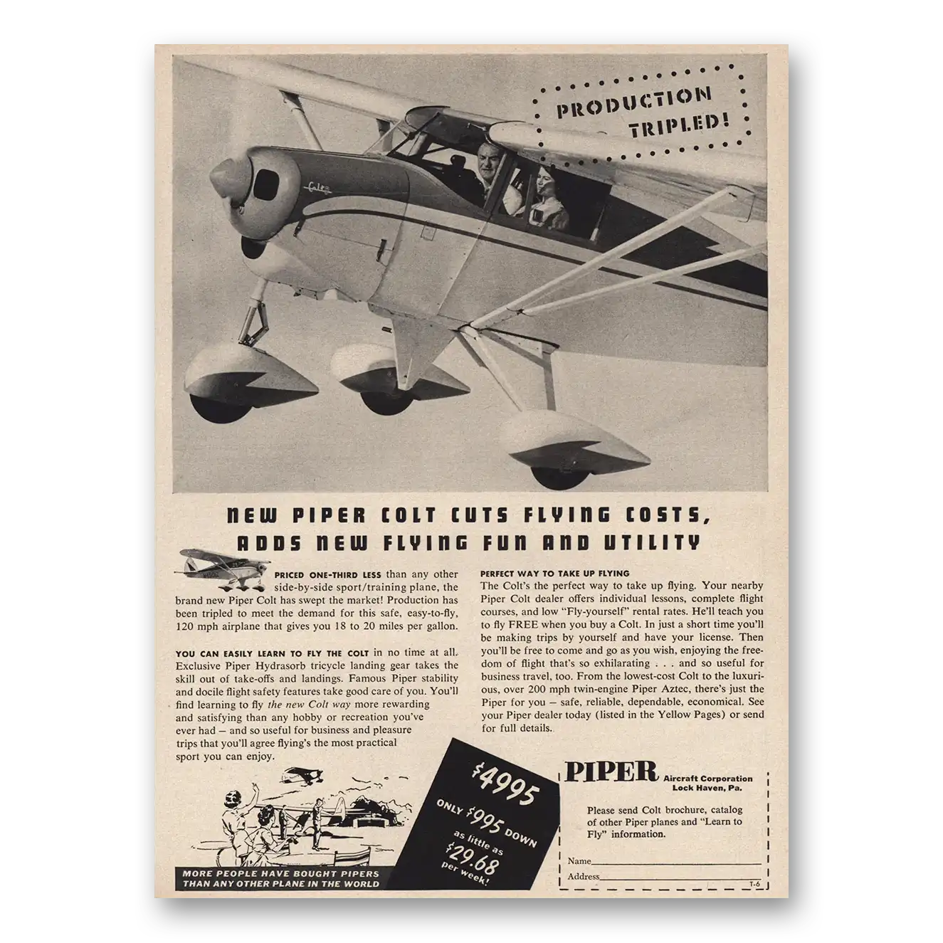 1961 Piper Aircraft Colt Cuts Flying Costs Vintage Magazine Print Ad