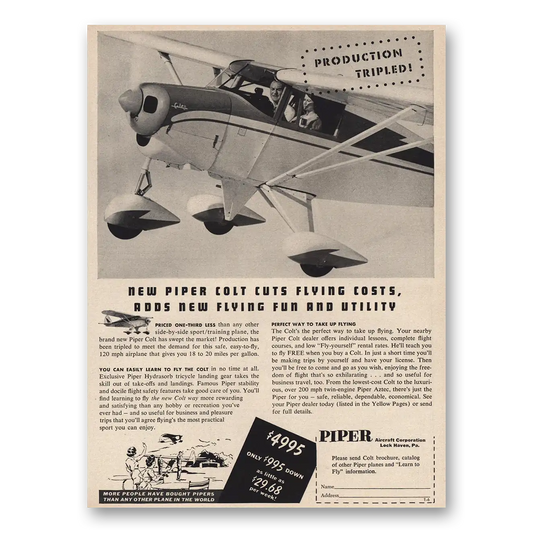 1961 Piper Aircraft Colt Cuts Flying Costs Vintage Magazine Print Ad