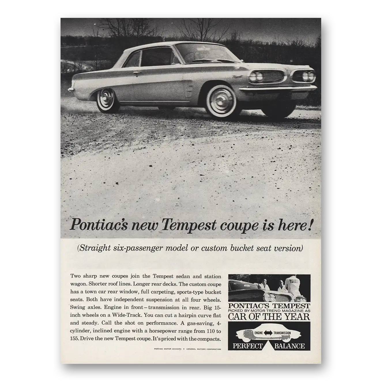 1961 Pontiac Tempest Coupe Straight Six Passenger Model Vintage Magazine Print Ad