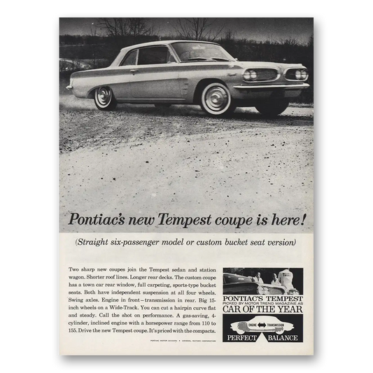 1961 Pontiac Tempest Coupe Straight Six Passenger Model Vintage Magazine Print Ad