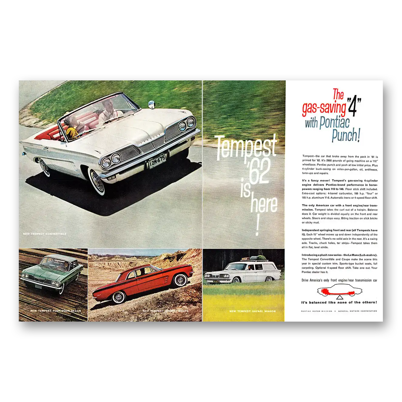 1961 Pontiac Tempest Gas Saving 4 with Pontiac Punch Vintage Magazine Print Ad