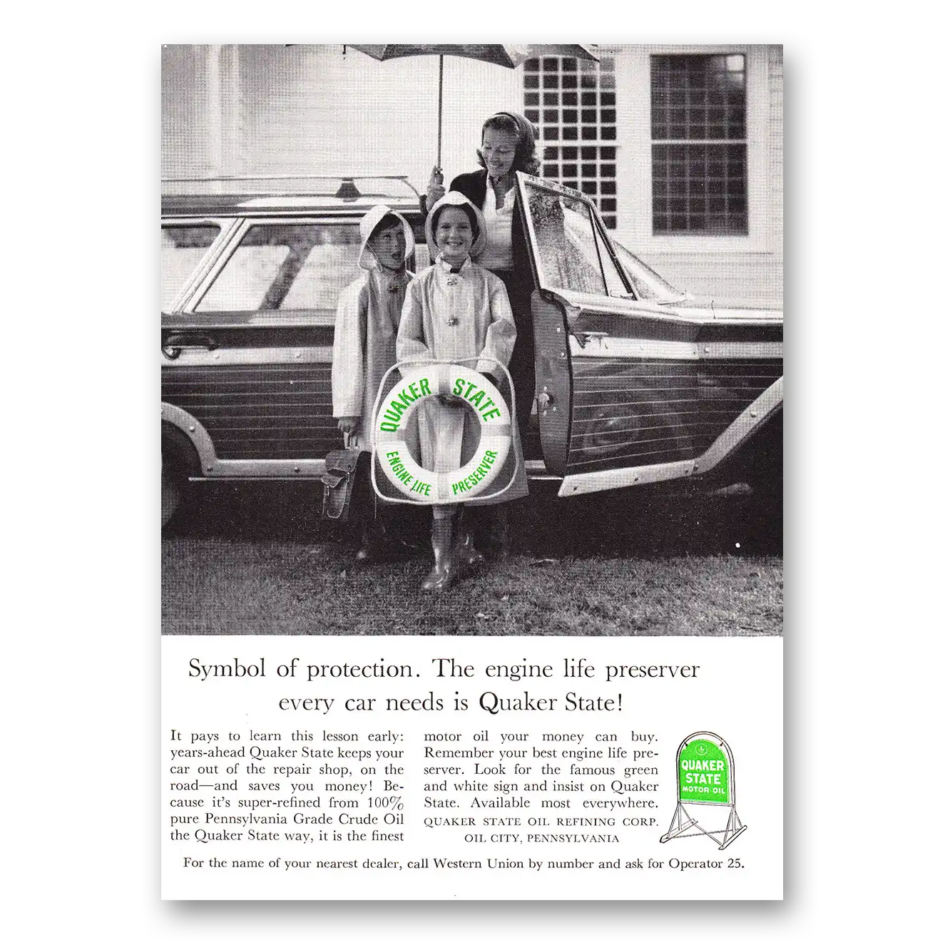 1961 Quaker State Motor Oil Symbol of Protection Vintage Magazine Print Ad