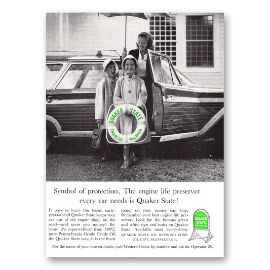 1961 Quaker State Motor Oil Symbol of Protection Vintage Magazine Print Ad