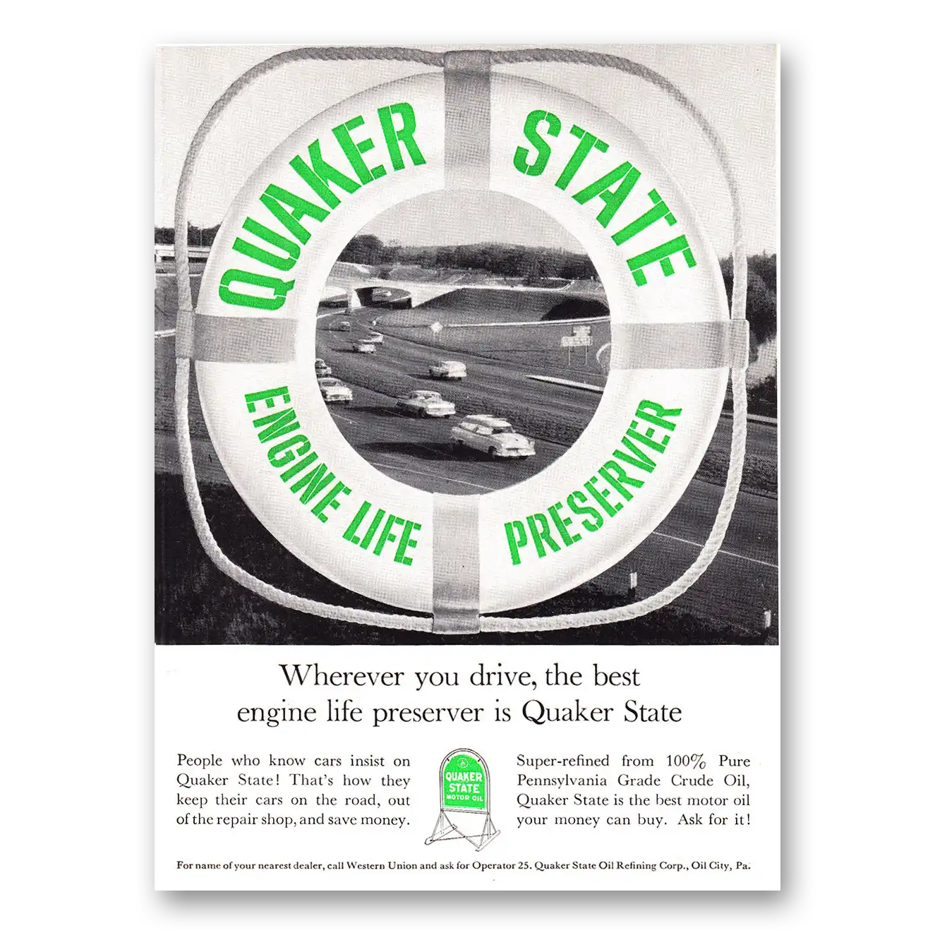 1961 Quaker State Motor Oil Engine Life Preserver Vintage Magazine Print Ad