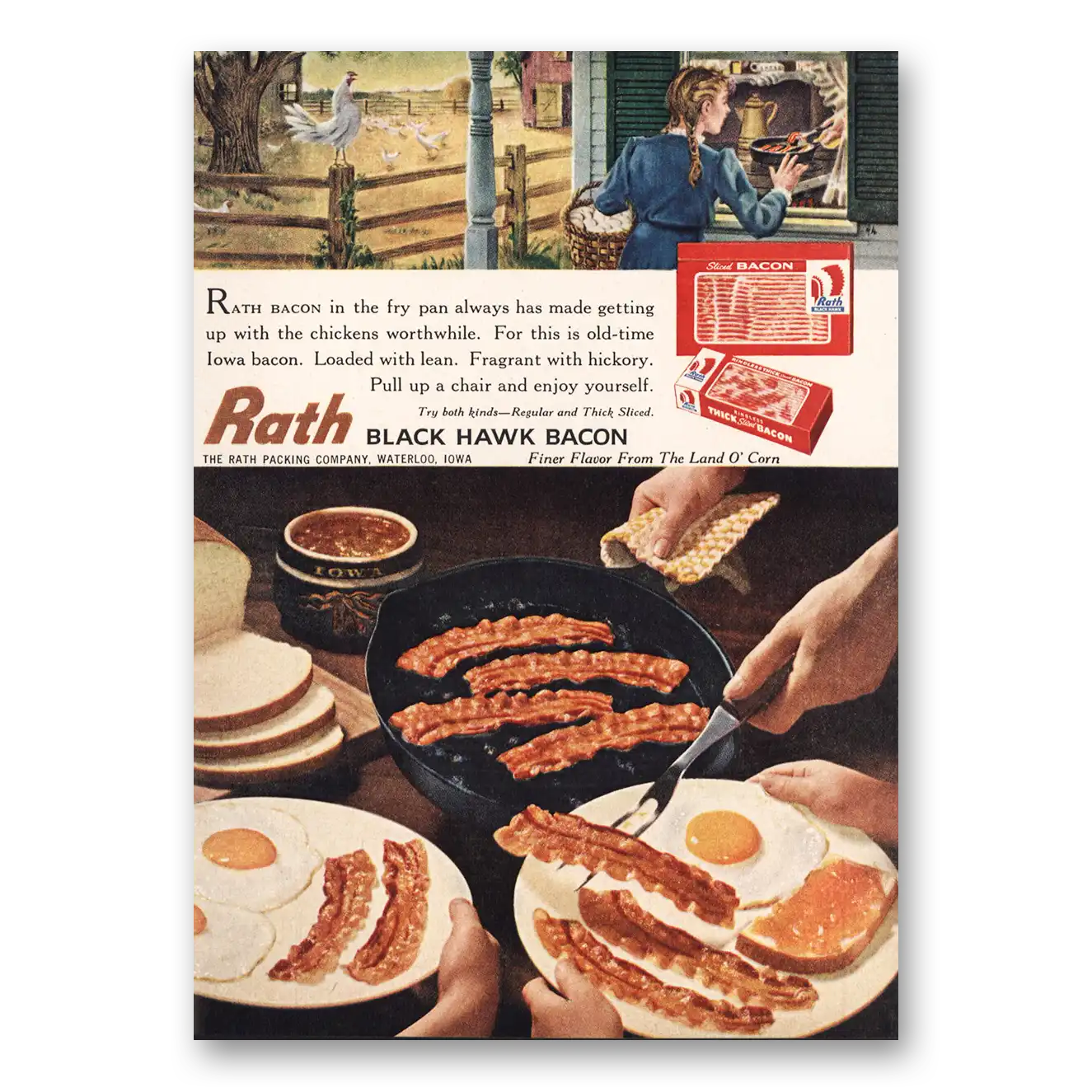 1961 Rath Black Hawk Bacon Bacon Getting Up With the Chickens Vintage Magazine Print Ad