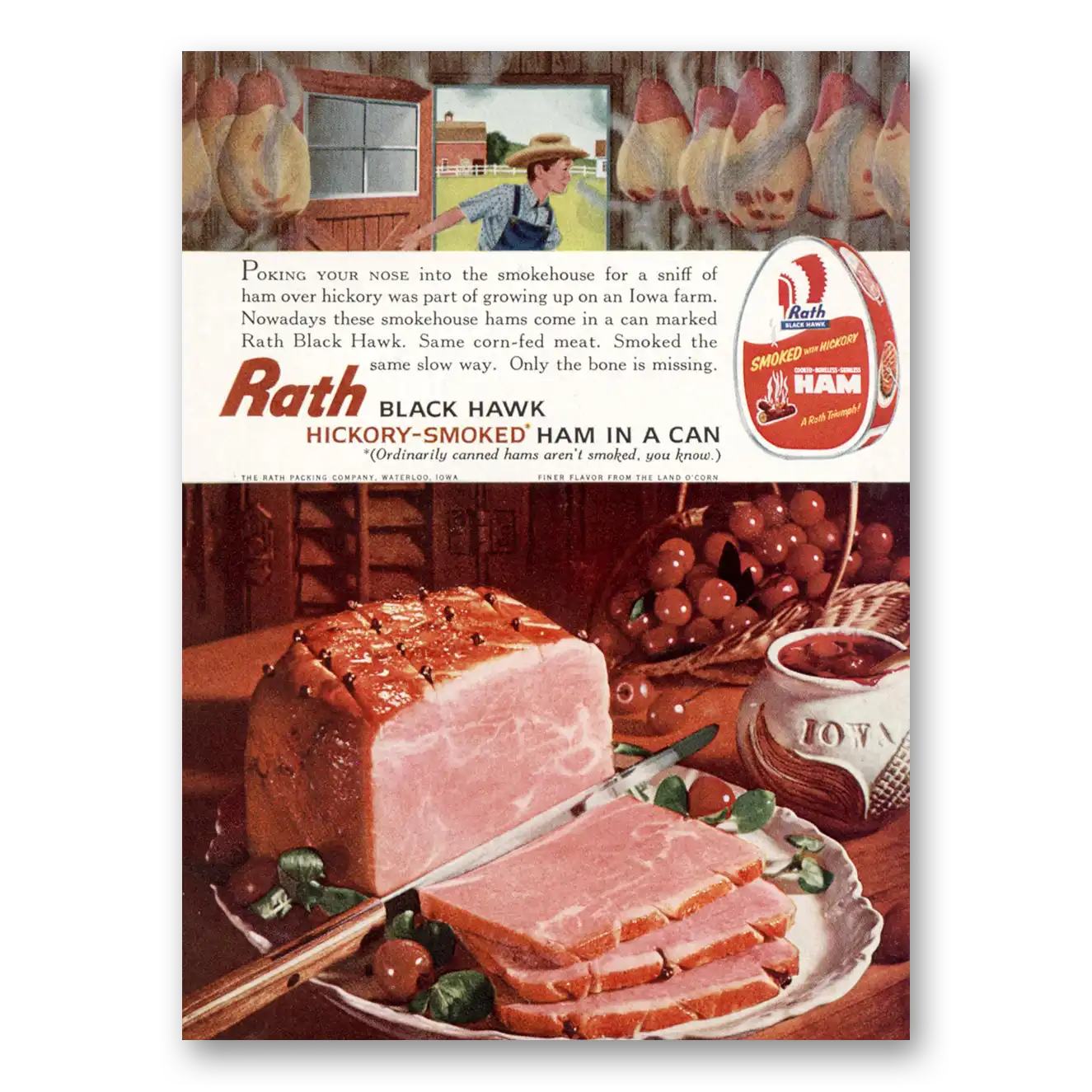 1961 Rath Black Hawk Ham Poking Your Nose Into the Smokehouse Vintage Magazine Print Ad