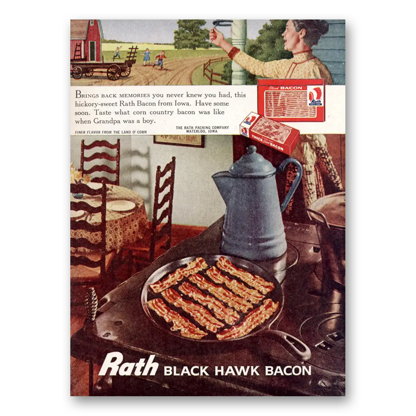 1961 Rath Black Hawk Bacon Bacon Brings Back Memories Vintage Magazine Print Ad