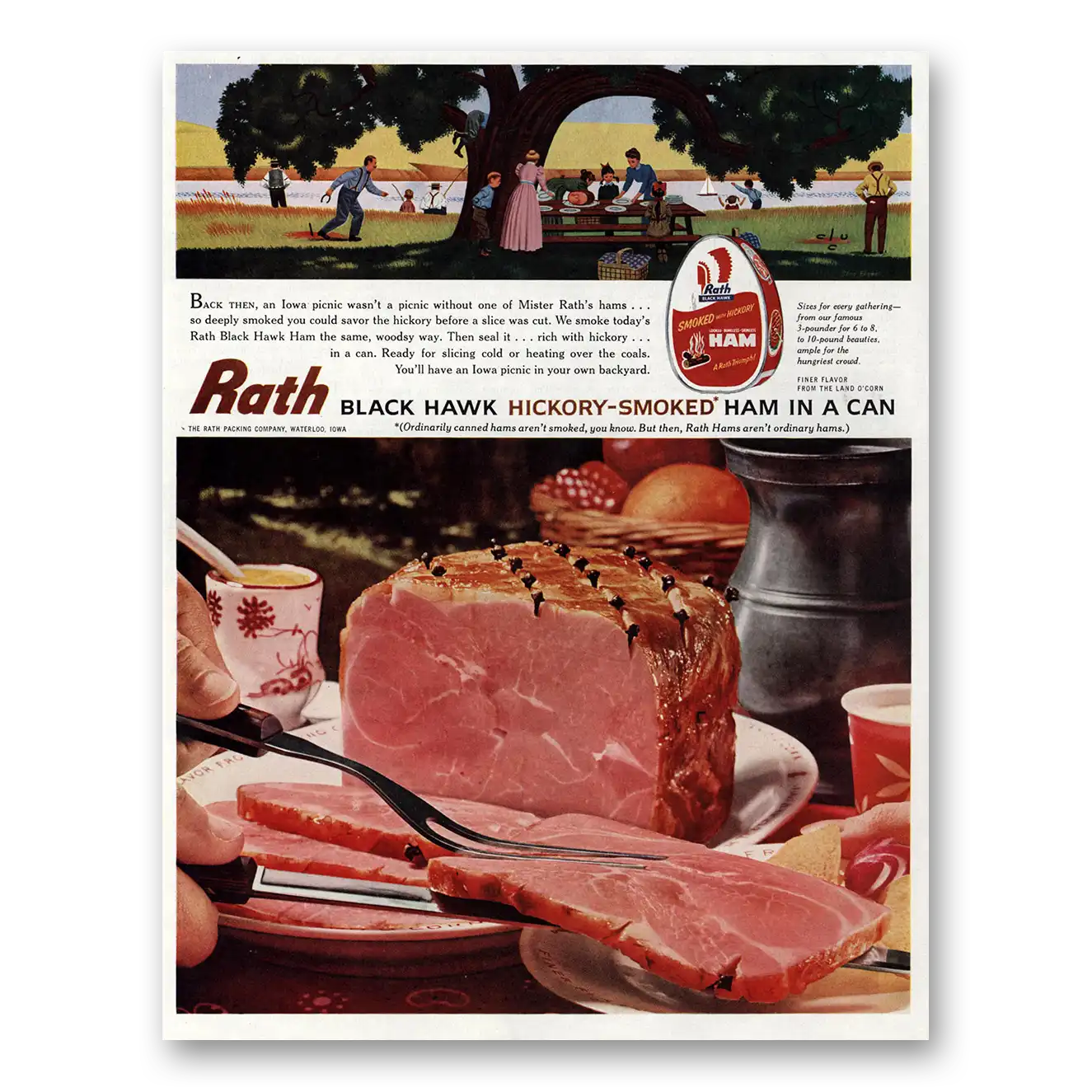 1961 Rath Black Hawk Ham Back Than an Iowa Picnic Vintage Magazine Print Ad