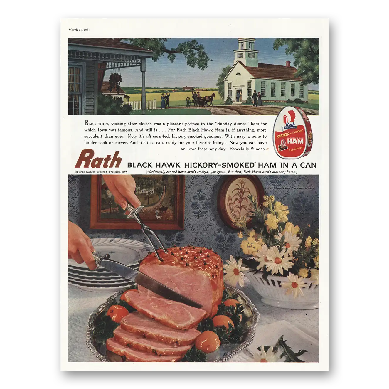 1961 Rath Black Hawk Ham Hickory Smoked Ham in a Can Vintage Magazine Print Ad