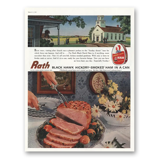 1961 Rath Black Hawk Ham Hickory Smoked Ham in a Can Vintage Magazine Print Ad