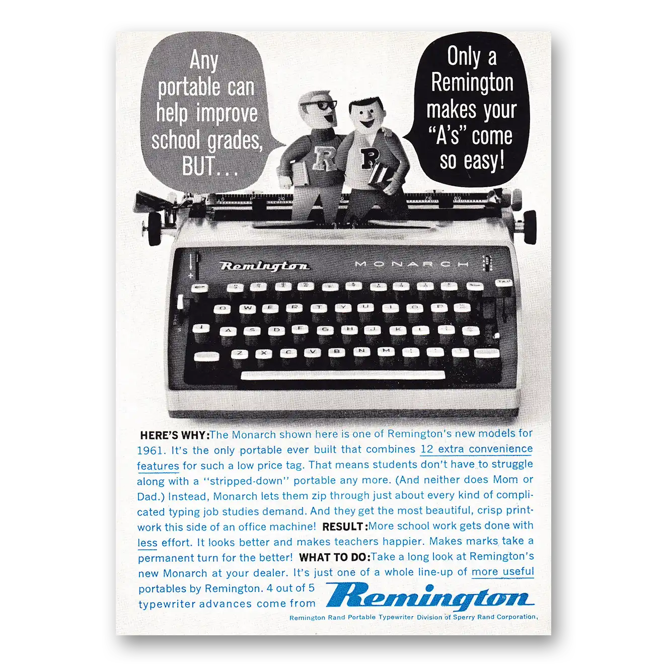 1961 Remington Typewriter Any Portable Can Help Improve School Grades Vintage Magazine Print Ad