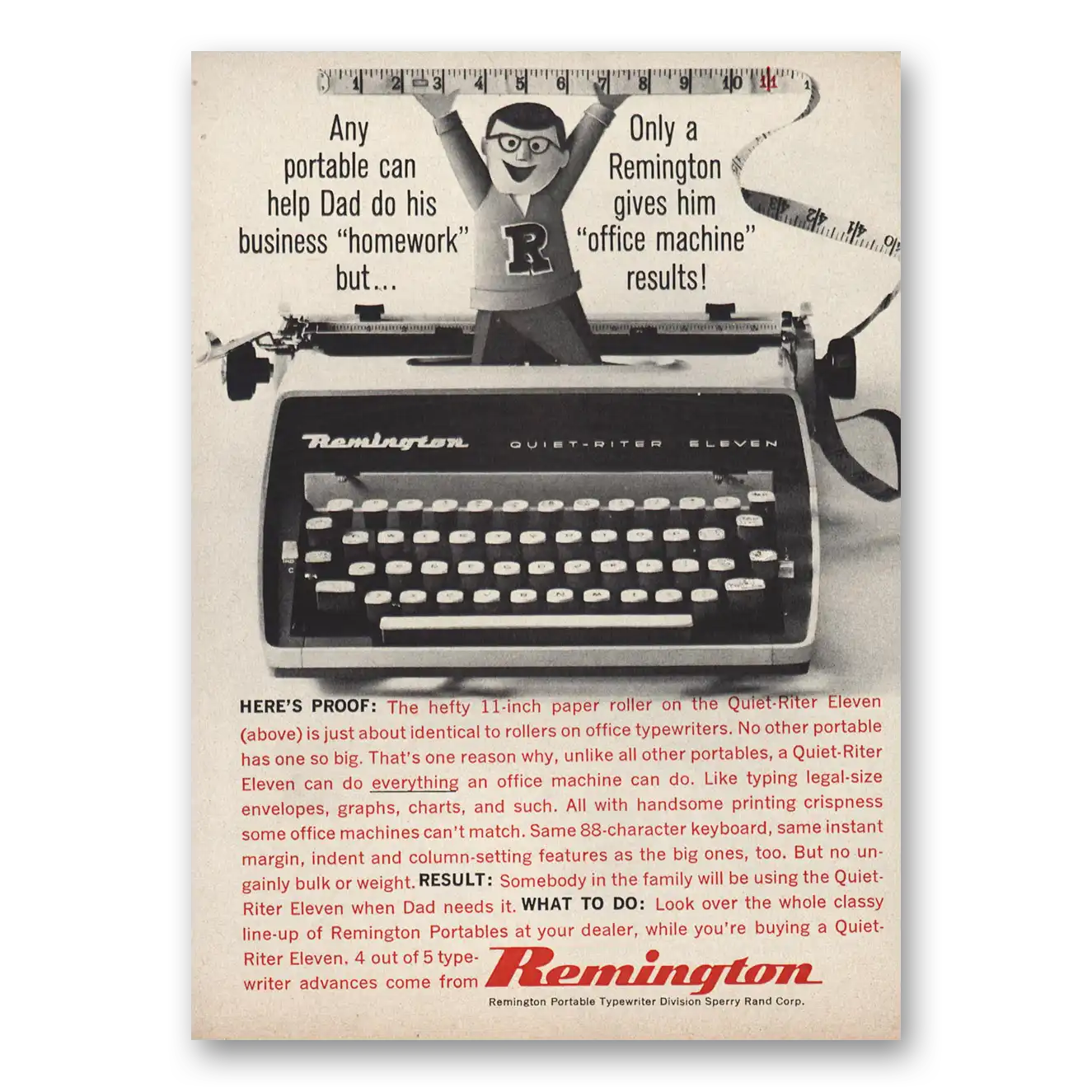 1961 Remington Typewriter Help Dad Business Homework Vintage Magazine Print Ad