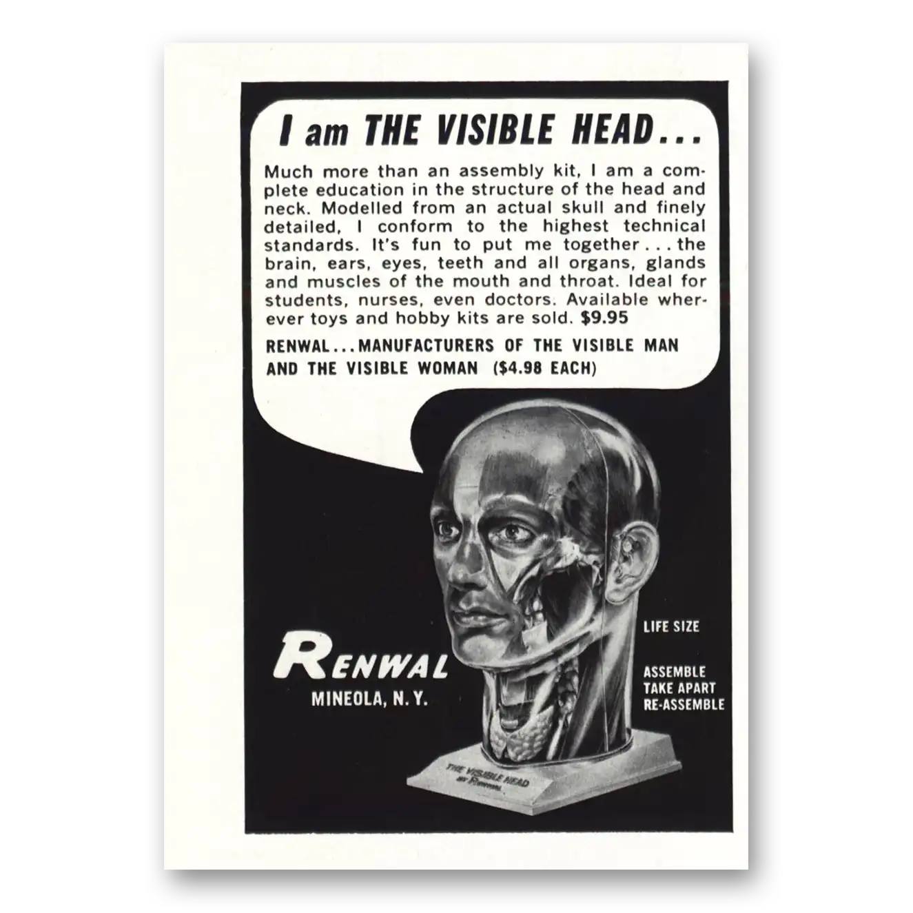 1961 Renwal I Am the Visible Head Vintage Magazine Print Ad