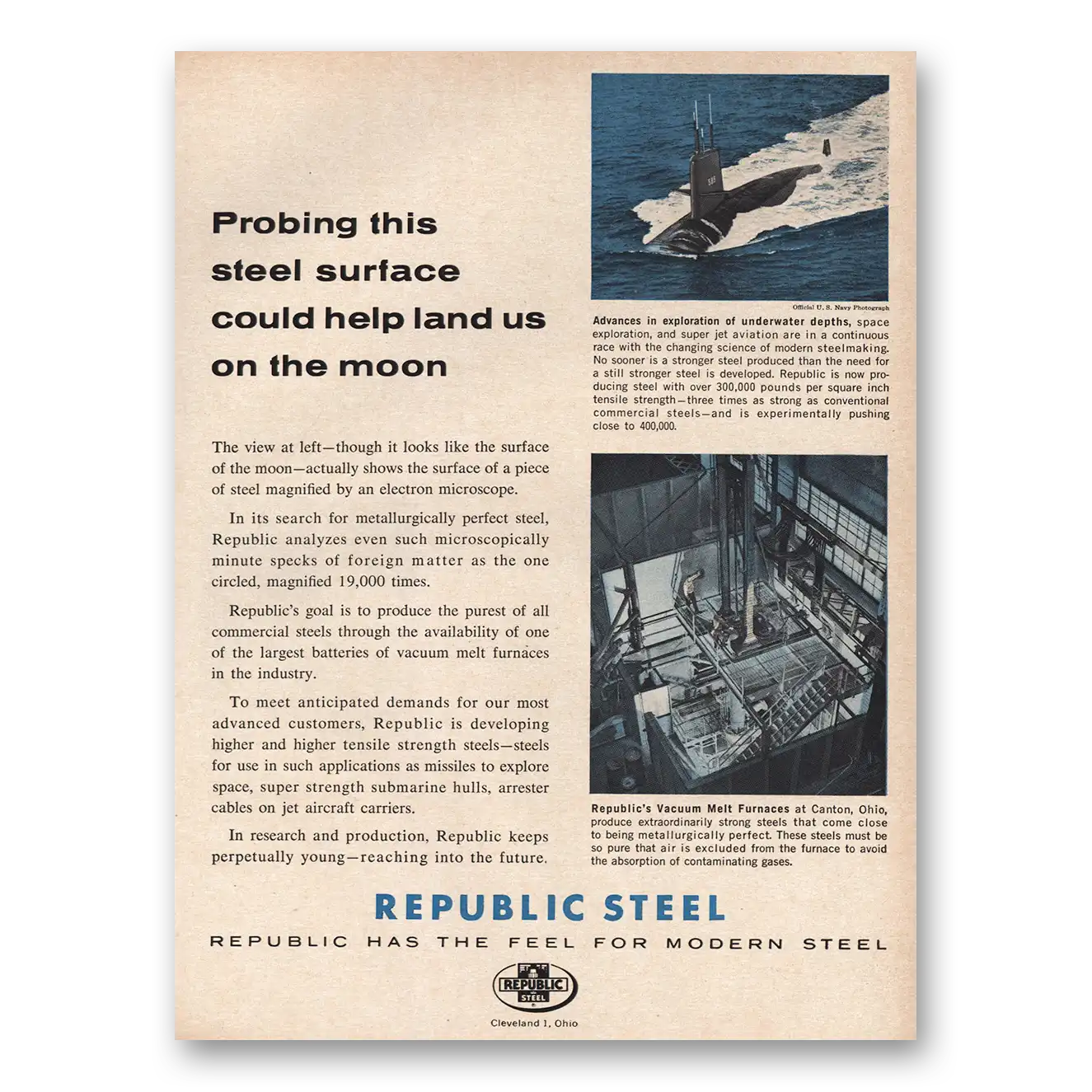 1961 Republic Steel Could Help Us Land On the Moon Vintage Magazine Print Ad