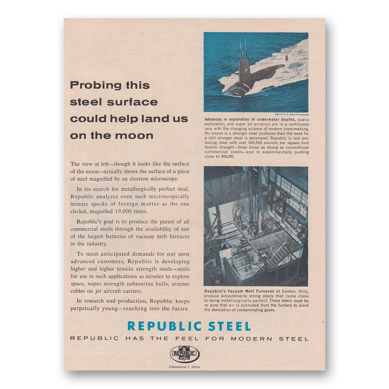 1961 Republic Steel Probing This Steel Surface Vintage Magazine Print Ad