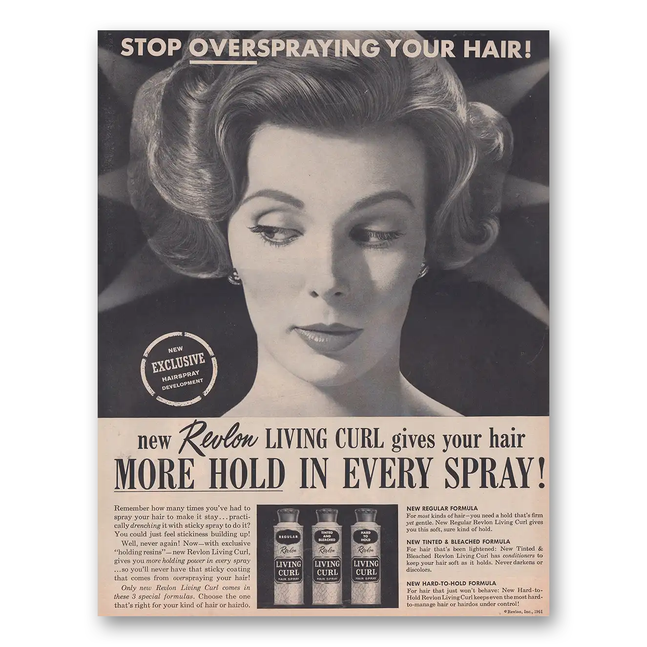 1961 Revlon Living Curl Stop Overspraying Your Hair Vintage Magazine Print Ad