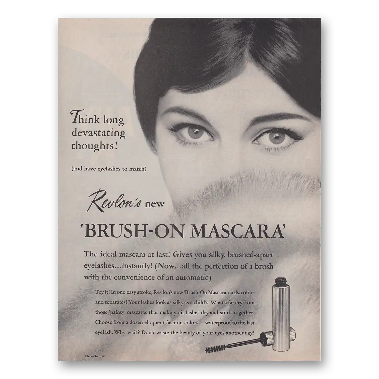 1961 Revlon Brush On Mascara Think Long Devastating Thoughts Vintage Magazine Print Ad