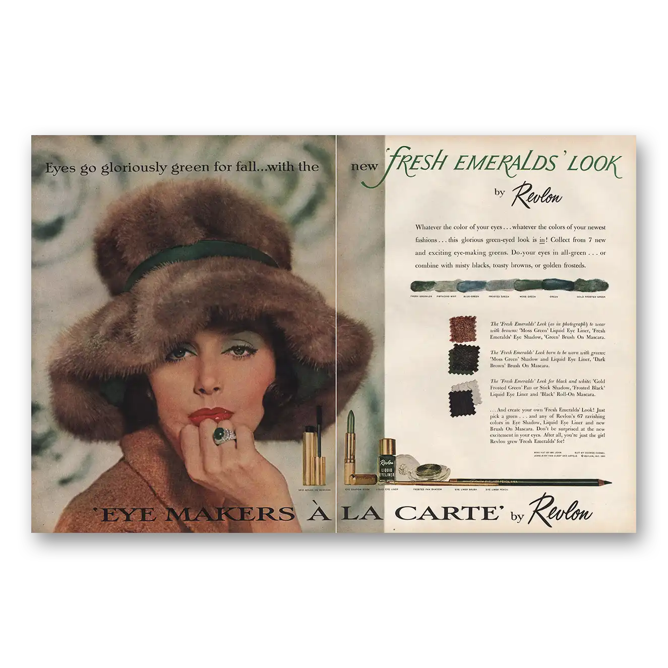 1961 Revlon Eye Makers Fresh Emerald Look Vintage Magazine Print Ad