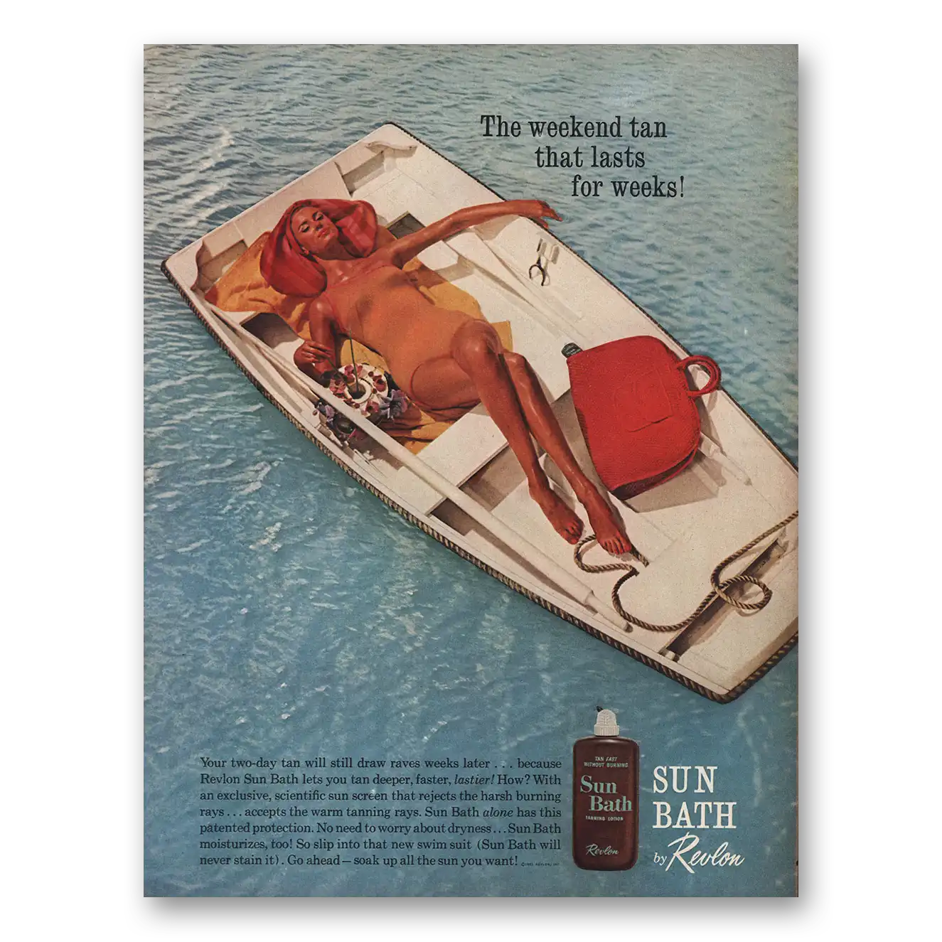 1961 Revlon Sun Bath Weekend Tan Lasts for Weeks Vintage Magazine Print Ad