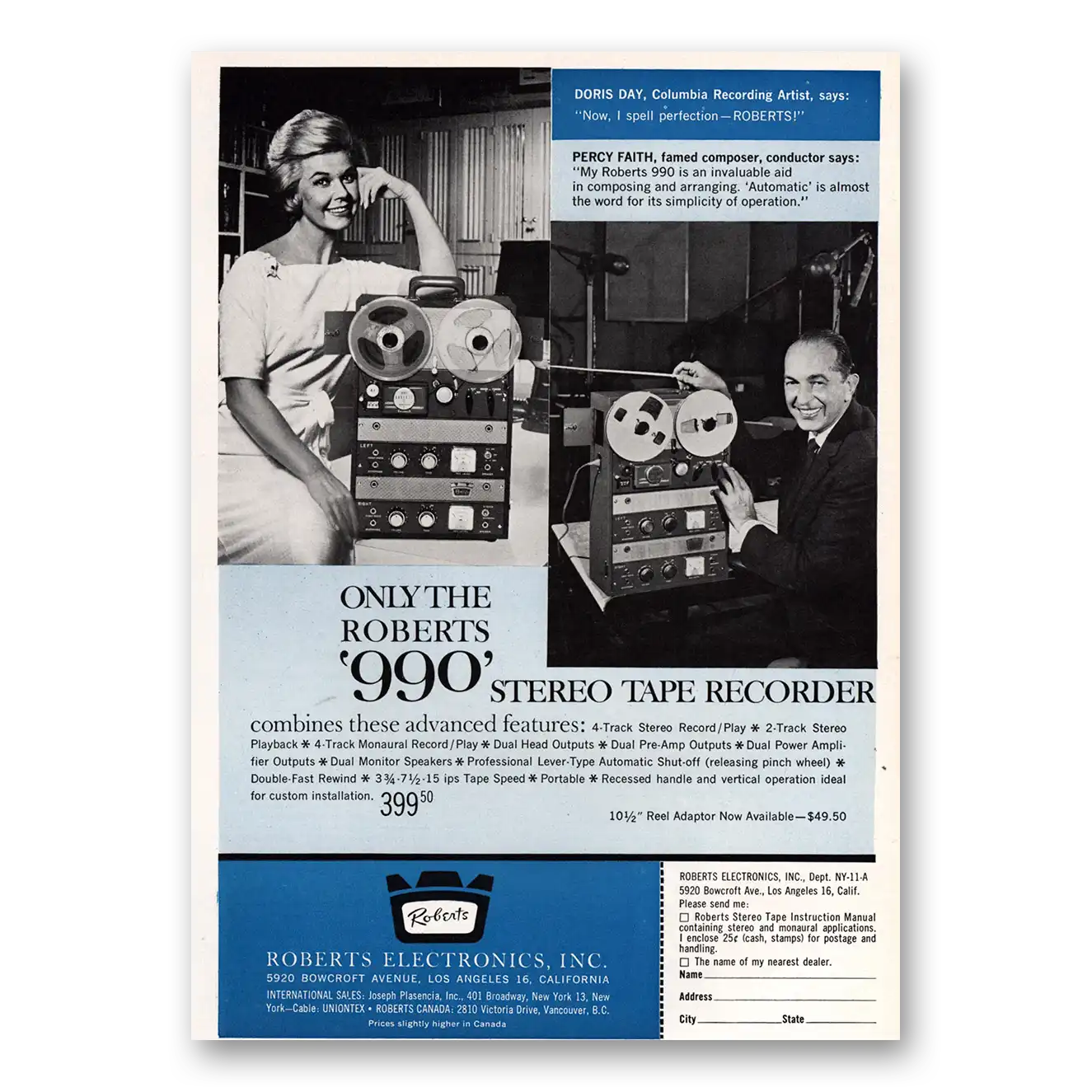 1961 Roberts Stereo Tape Recorder Doris Day and Percy Faith Vintage Magazine Print Ad