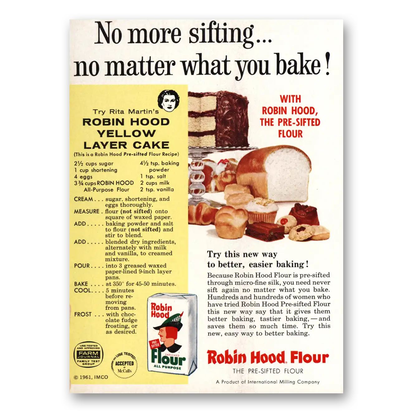 1961 Robin Hood Flour No More Sifting Vintage Magazine Print Ad