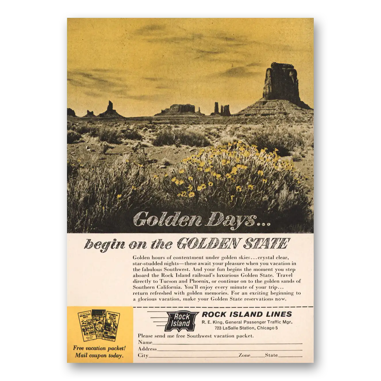 1961 Rock Island Lines Golden Days Begin On the Golden State Vintage Magazine Print Ad