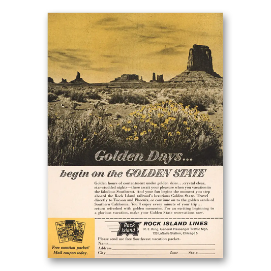 1961 Rock Island Lines Golden Days Begin On the Golden State Vintage Magazine Print Ad