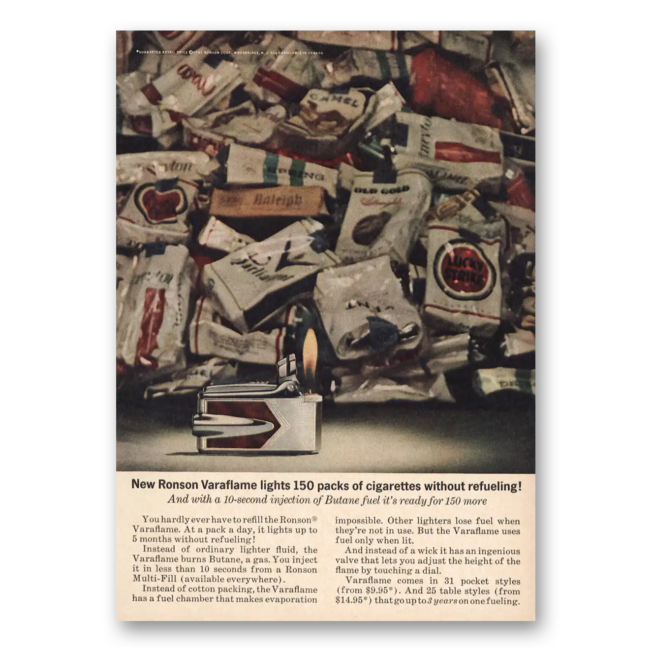 1961 Ronson Lighters Veraflame Lights 150 Packs of Cigarettes Vintage Magazine Print Ad