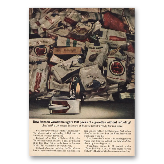 1961 Ronson Lighters Veraflame Lights 150 Packs of Cigarettes Vintage Magazine Print Ad