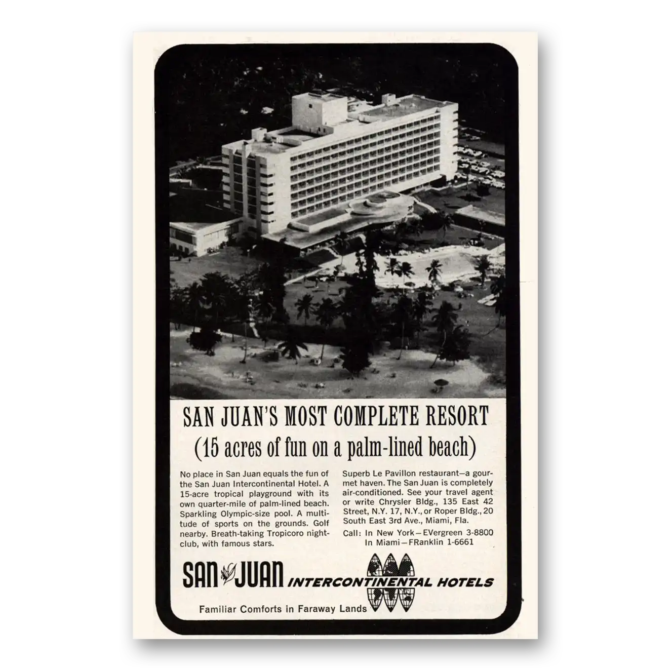 1961 San Juan Intercontinental Hotel Palm Lined Beach Vintage Magazine Print Ad