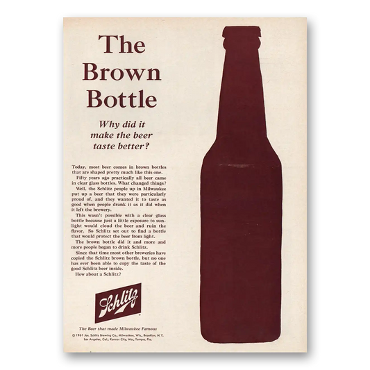 1961 Schlitz Beer Brown Bottle Vintage Magazine Print Ad