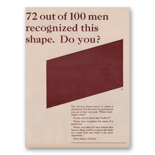 1961 Schlitz Beer 72 Out of 100 Men Recognized Vintage Magazine Print Ad