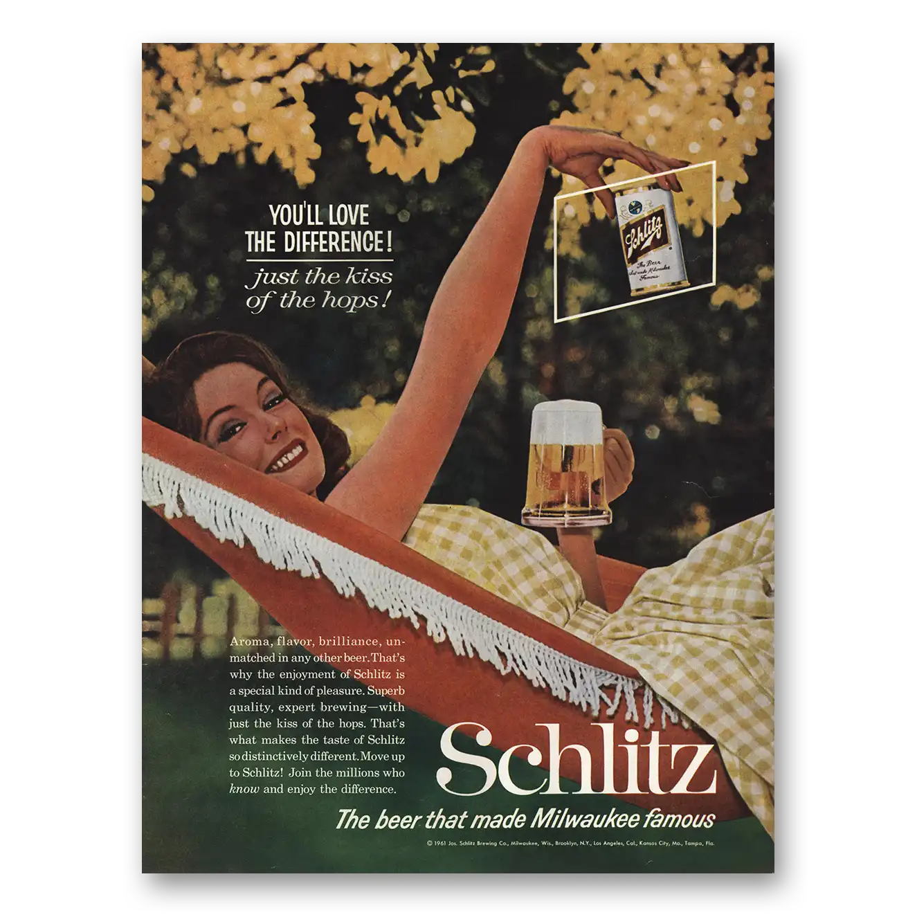 1961 Schlitz Beer Love the Difference Hammock Vintage Magazine Print Ad