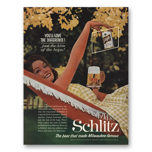 1961 Schlitz Beer Love the Difference Hammock Vintage Magazine Print Ad