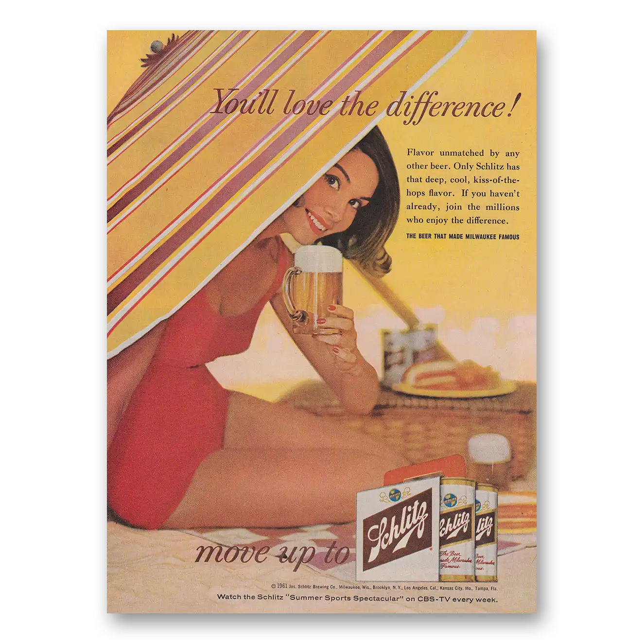 1961 Schlitz Beer Love the Difference Vintage Magazine Print Ad