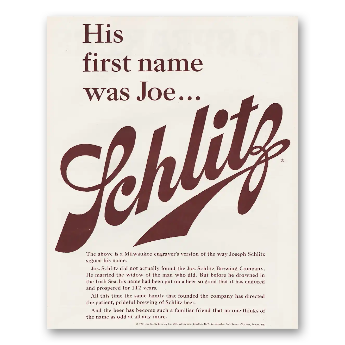 1961 Schlitz Beer His First Name Was Joe Vintage Magazine Print Ad