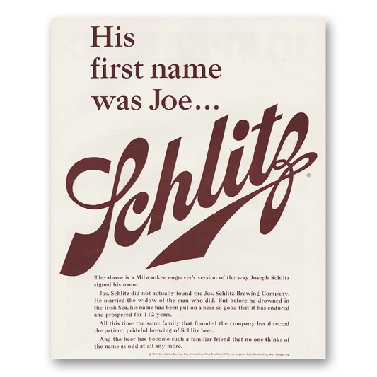 1961 Schlitz Beer His First Name Was Joe Vintage Magazine Print Ad