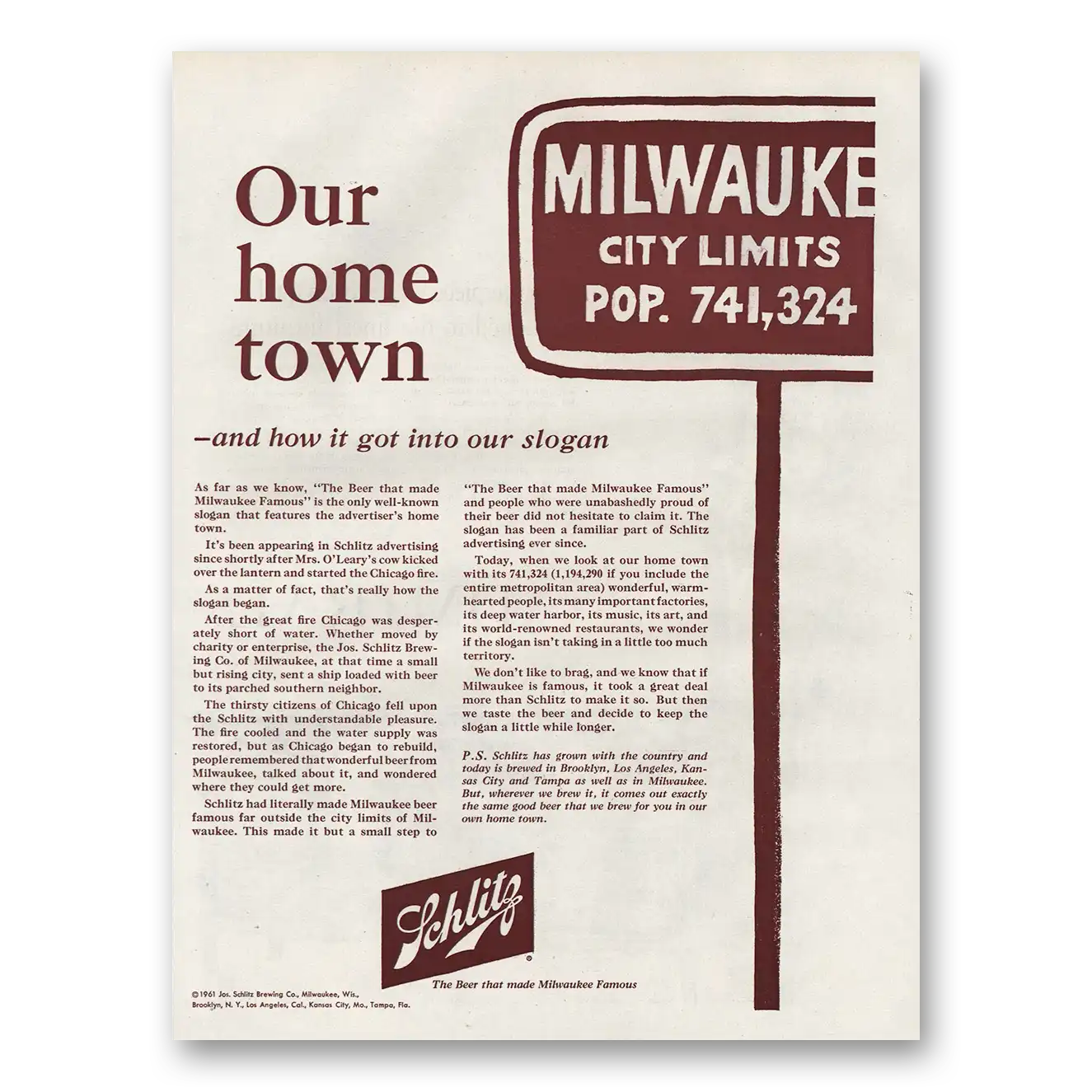 1961 Schlitz Beer Our Home Town Milwaukee Vintage Magazine Print Ad