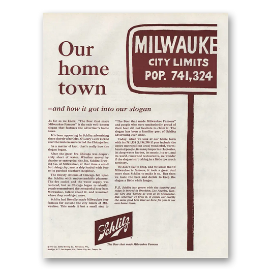 1961 Schlitz Beer Our Home Town Milwaukee Vintage Magazine Print Ad