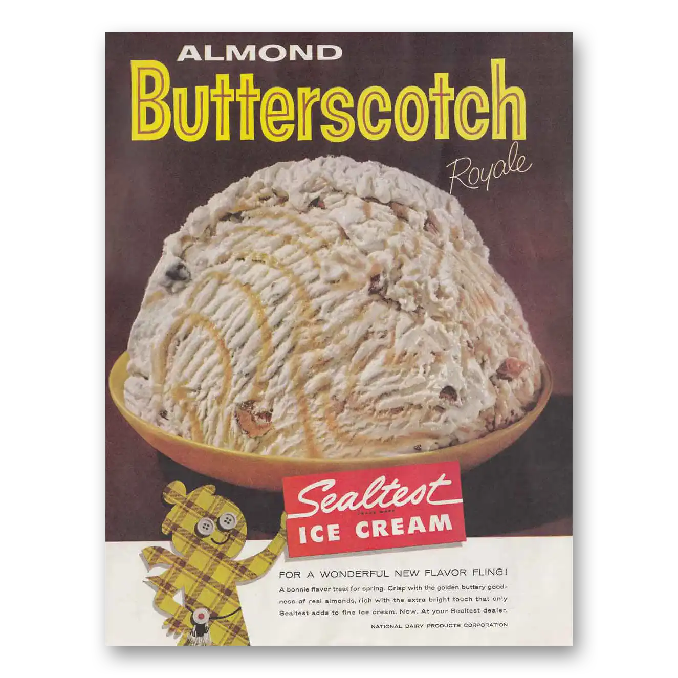 1961 Sealtest Almond Butterscotch Ice Cream Wonderful New Flavor Fling Vintage Magazine Print Ad